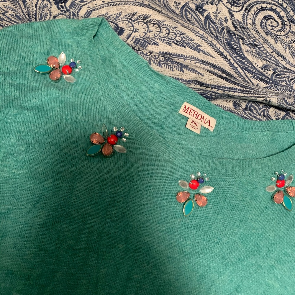 Teal sweater with jeweled embellishments